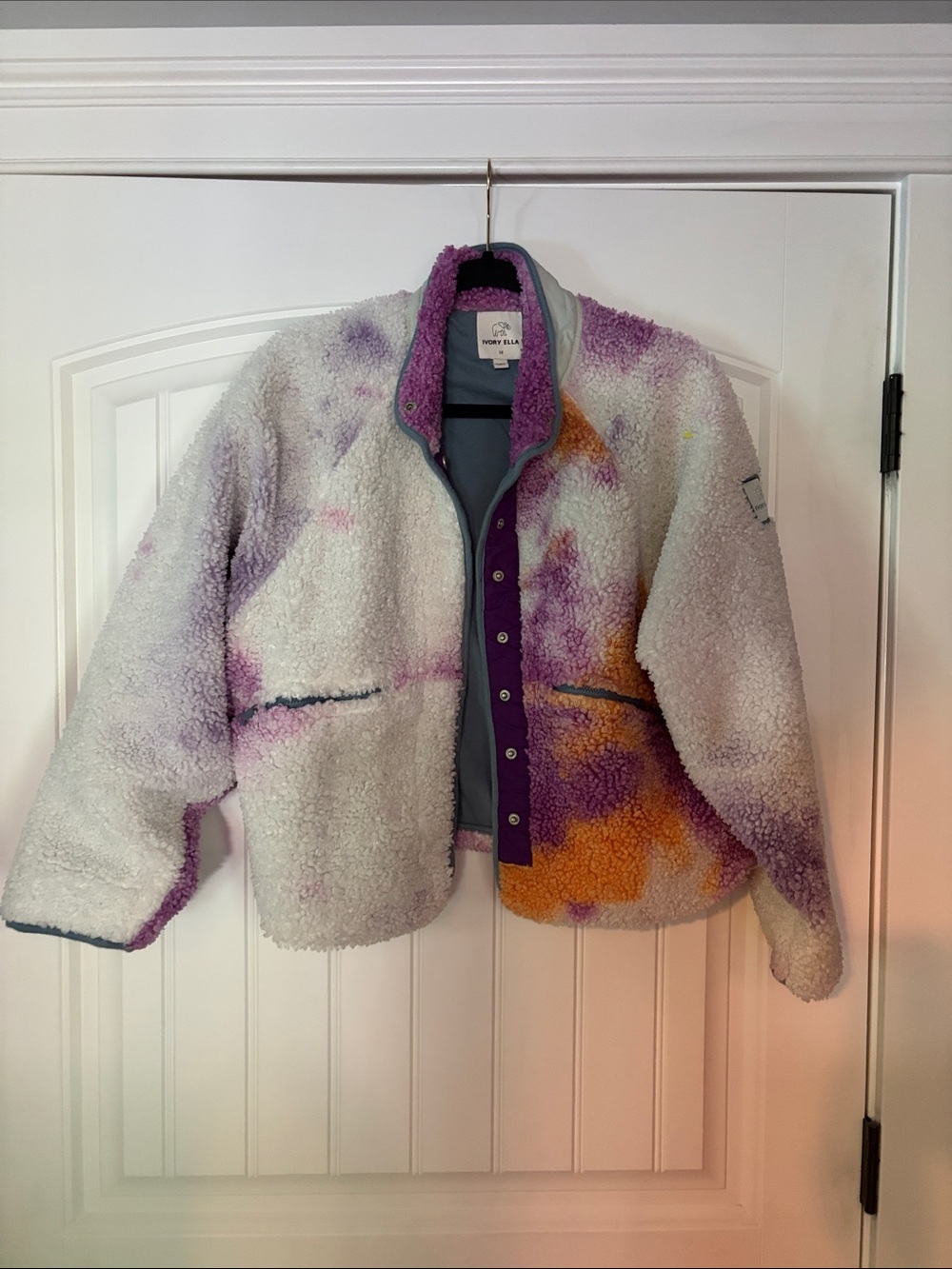 ivory ella White Sherpa Teddy Jacket with Purple & Orange Tie-Dye Accents